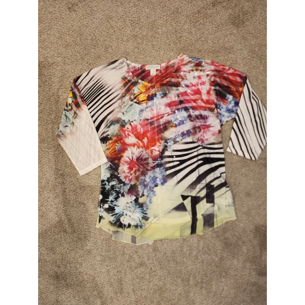 Women's Christopher & Banks Floral & Striped Sequin Top L Red Black - Picture 1 of 3
